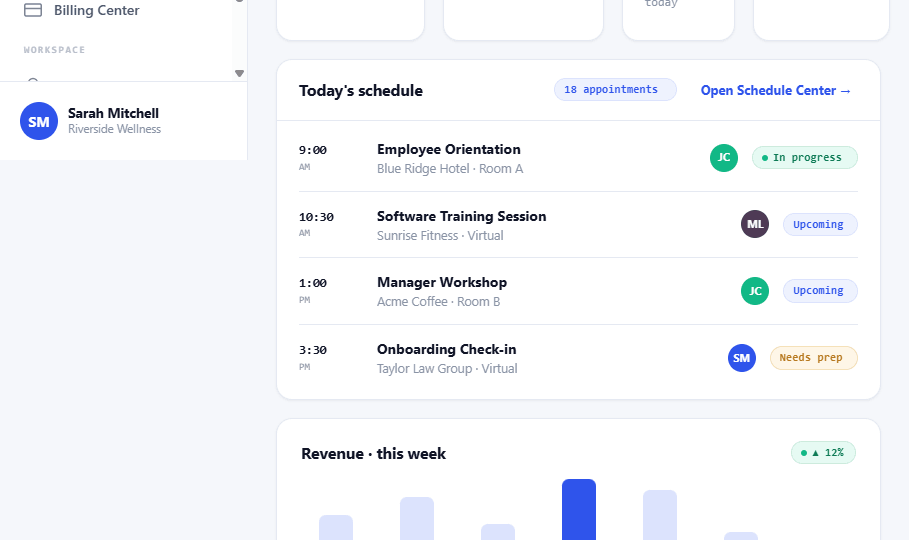Today's schedule and tasks on the dashboard