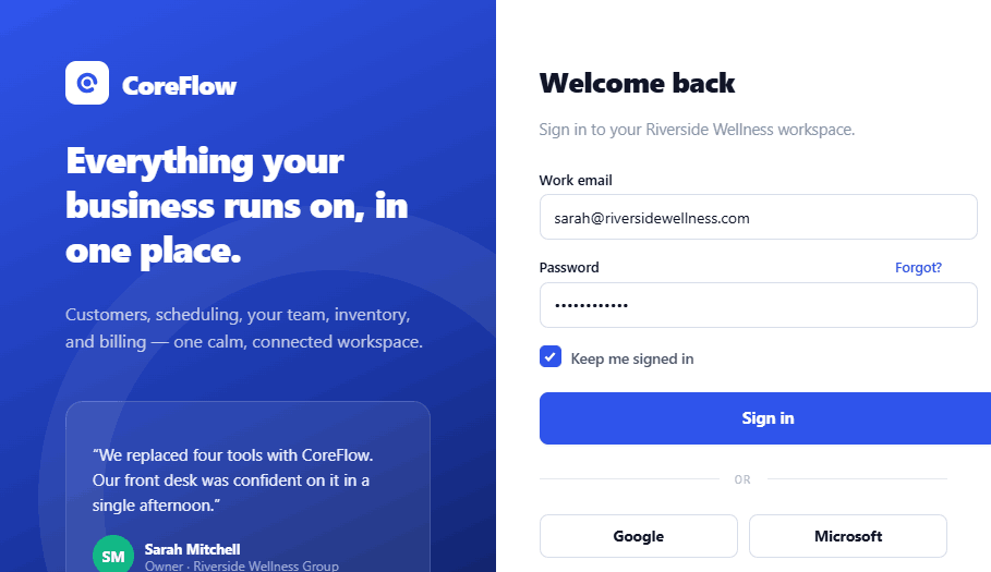 The CoreFlow sign-in screen