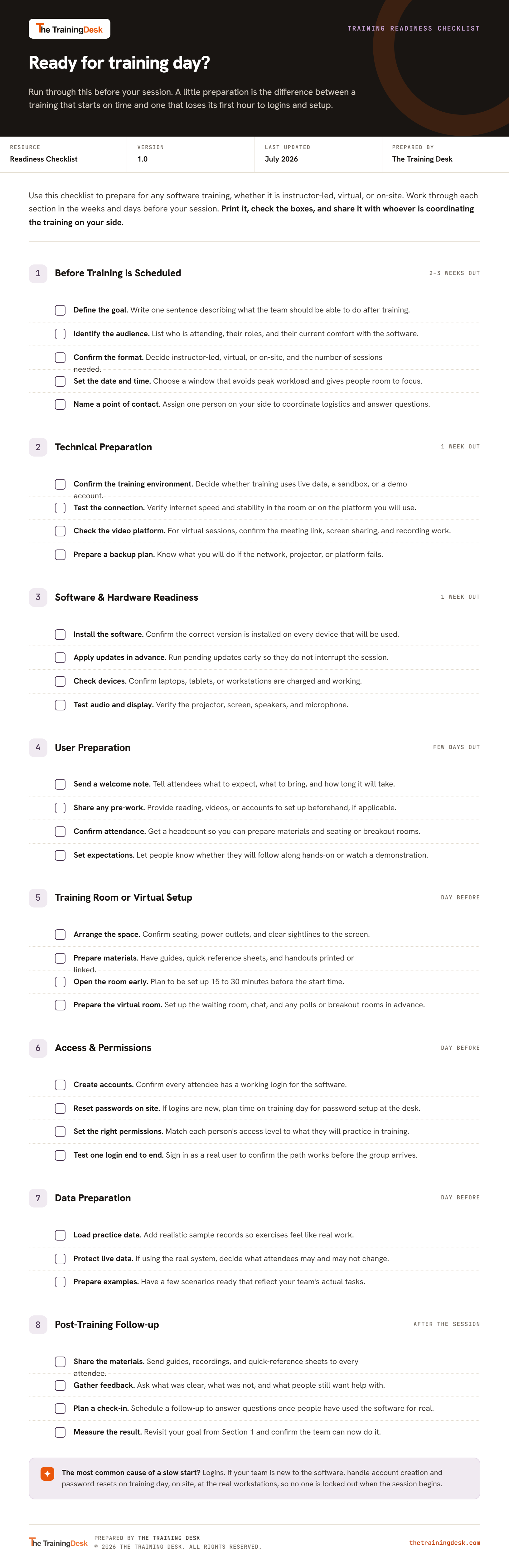 Preview of the Training Readiness Checklist deliverable from The Training Desk